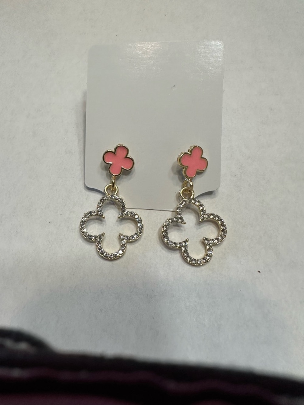 Gold Pink Clover Drop Earrings by